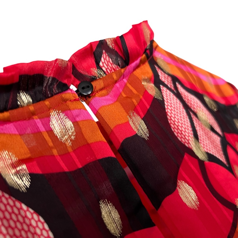 New JOIE Multicolored Ruffle Mandarin Collar Puff Sleeve Blouse Gold Accent Sz M - Picture 9 of 12